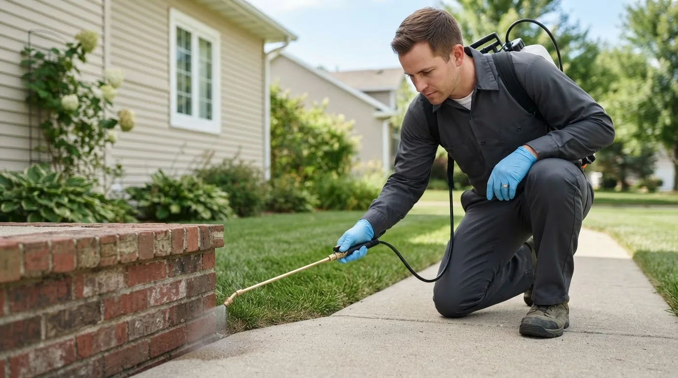 Pest control technician treating a home near North Zulch, TX